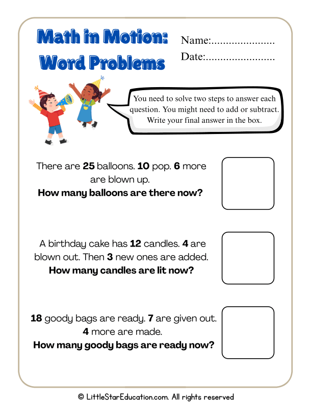 Two-Step Addition and Subtraction Word Problems for Grades 1-2
