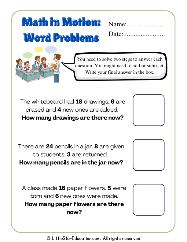 Two-Step Addition and Subtraction Word Problems for Grades 1 to 2