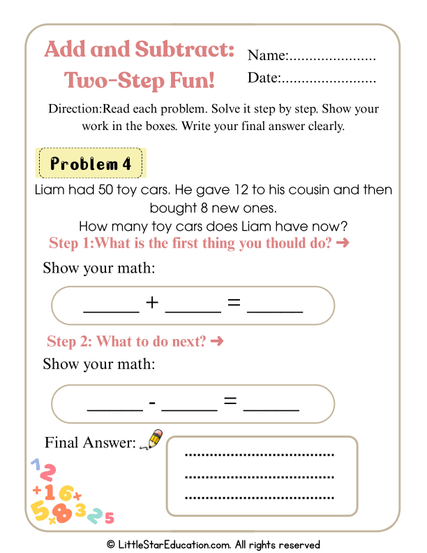 Two-Step Word Math Problems for Young Learners (Grades 1–2)