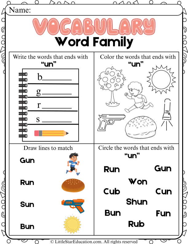 UN Word Family Phonics Practice: Trace, Color, and Identify Words