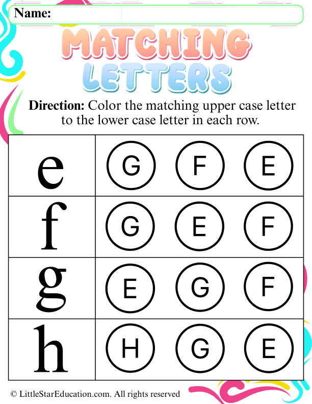 Uppercase and Lowercase Letter E to F Coloring and Matching for Early Learners