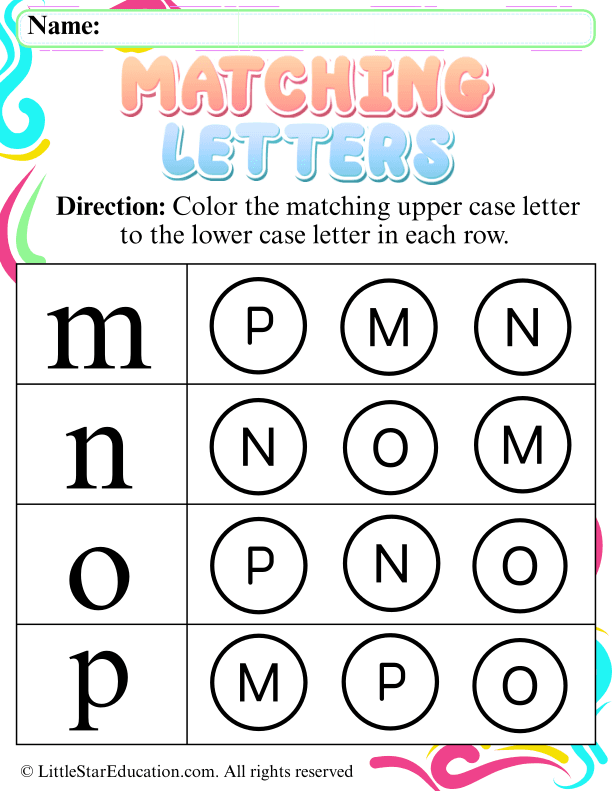 Uppercase and Lowercase Letter M to P Coloring and Matching for Early Learners