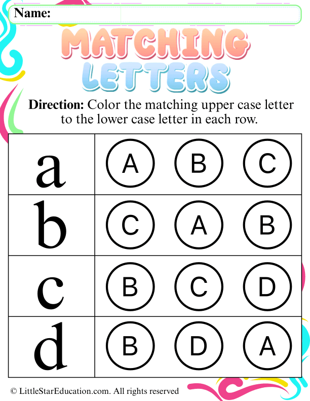 Uppercase and Lowercase Letter Matching A-D for Early Learners