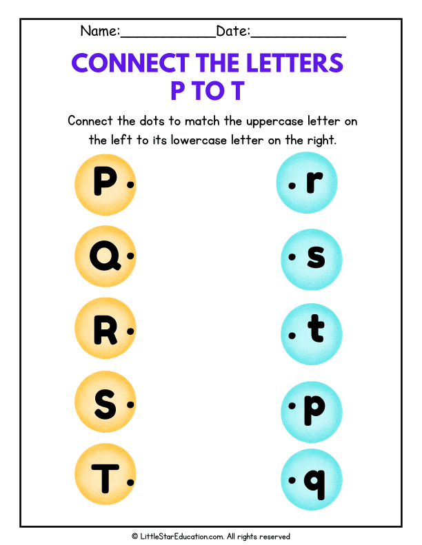 Uppercase and Lowercase Letter Matching P to T for Early Learners