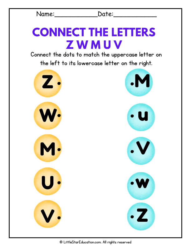 Uppercase and Lowercase Letter Z W M U V Matching for Early Literacy
