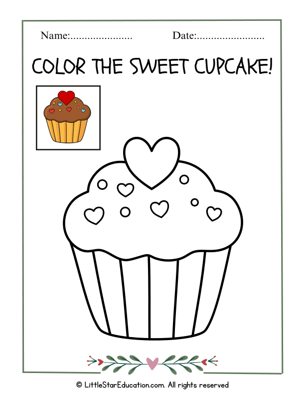 Valentine’s Day Cupcake Coloring Page for Preschool and Kindergarten Art