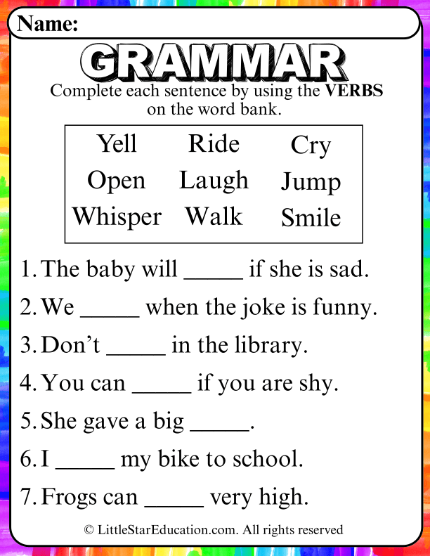 Verb Word Bank Sentences for Early Elementary English Language Arts