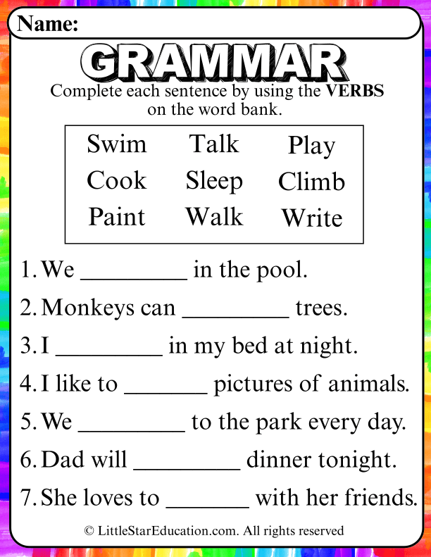 Verb Word Bank Sentences for Kindergarten and First Grade ELA