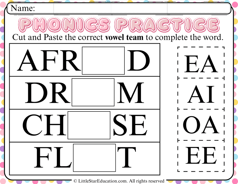 Vowel Team Cut and Paste Practice for Early Reading Skills