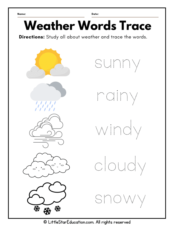 Weather Vocabulary Tracing for Preschool and Kindergarten ELA