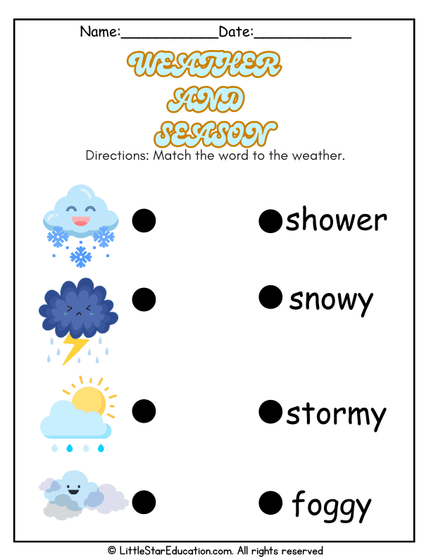 Weather Words Matching for Kindergarten and First Grade Science