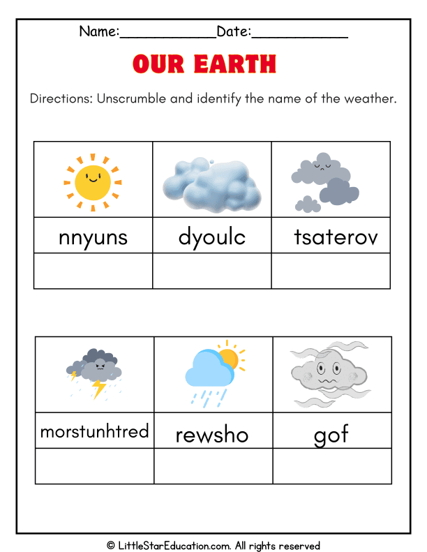 Weather Words Unscramble for Early Elementary Science Skills