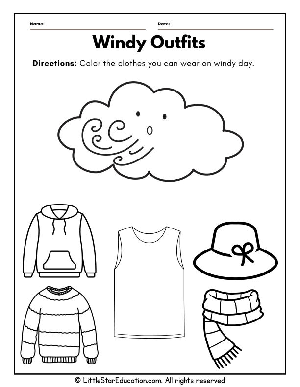 Windy Weather Clothing Coloring for Preschool and Kindergarten Science