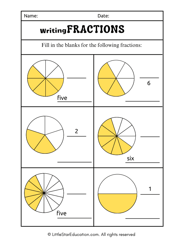 Writing Fractions Maths Worksheet with Answers.