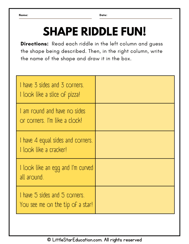 2D and 3D Shape Riddles for Grade 1 and 2 Math Recognition