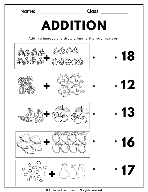 Addition to 20 Visual Math Practice for First Grade Students