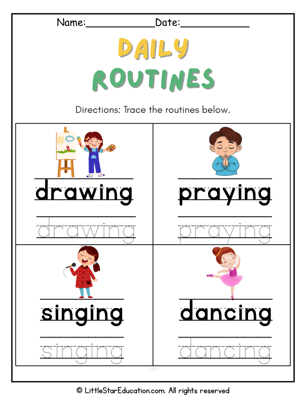 Daily Routine Word Tracing Practice for Early Learners