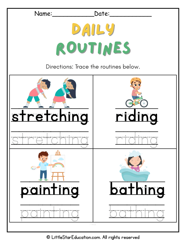 Daily Routines Word Tracing for Pre-K and Kindergarten