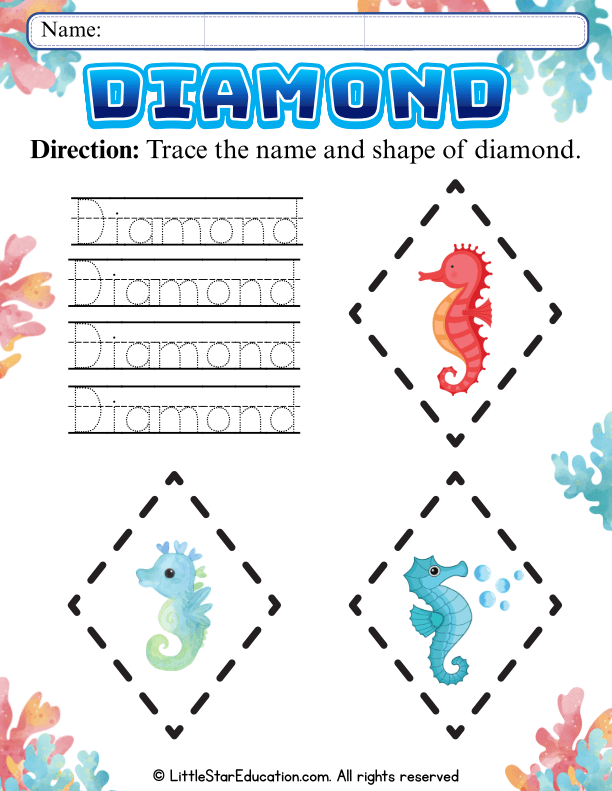 Diamond Shape Tracing and Name Practice for Preschool Math
