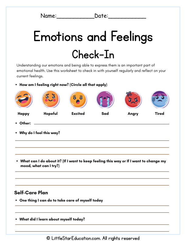 Emotion Check In Examples Emotions Check-In and Self-Care Reflection for Elementary SEL