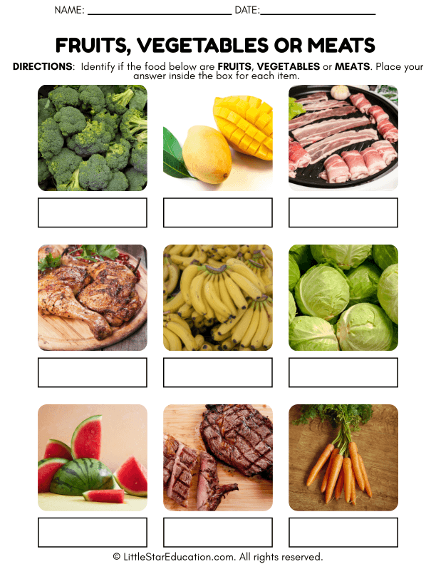 Food Groups Sorting: Fruits, Vegetables, and Meats for Kids