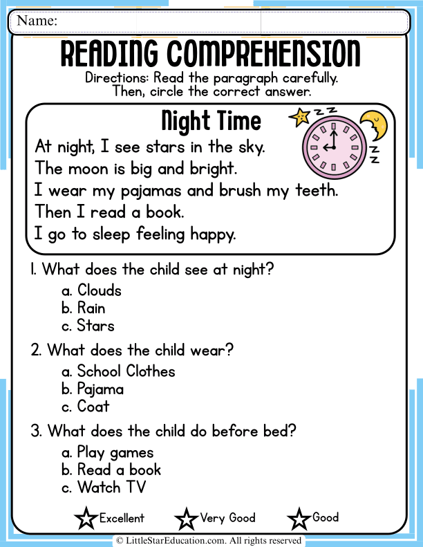 Nighttime Reading Comprehension Questions for Early Learners