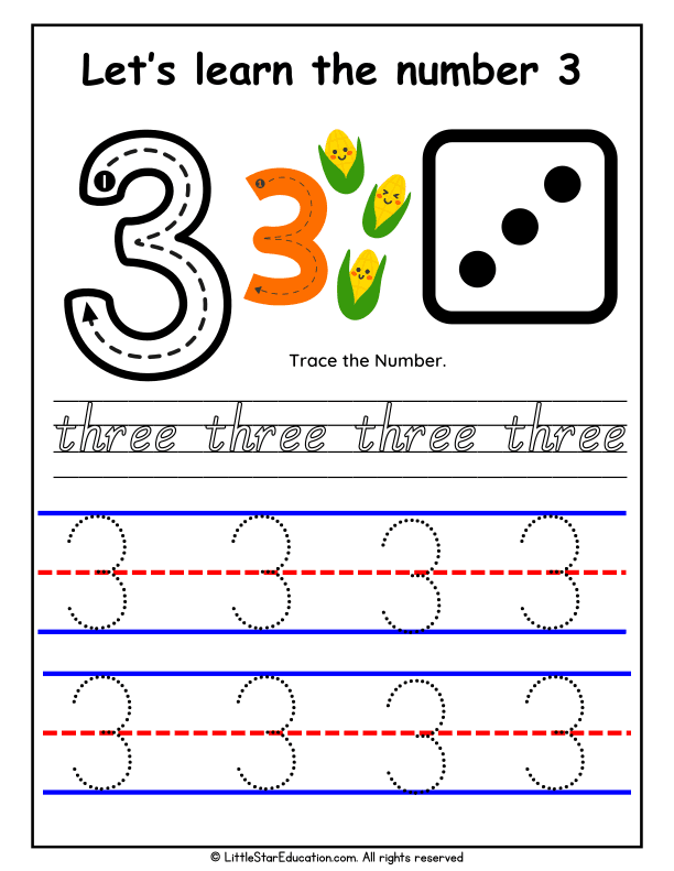 Number 3 Tracing and Recognition for Preschool and Kindergarten Math