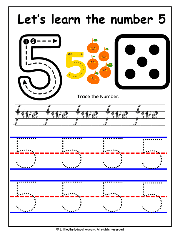 Learning Numbers 5 Number 5 Tracing and Recognition for Preschool and Kindergarten Math