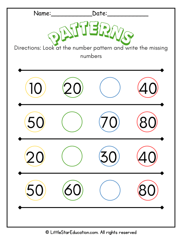 Number Patterns Practice: Find and Write Missing Numbers for Early Math