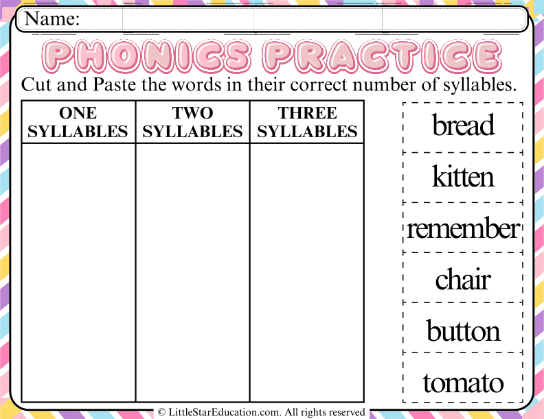 Little Syllable Syllable Sorting Cut and Paste for Early Elementary Literacy