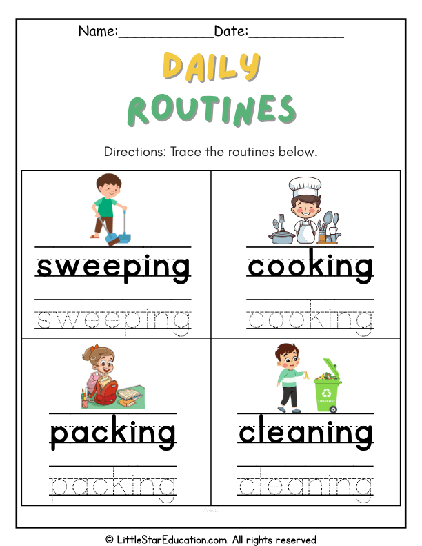 Tracing Daily Routines Words for Pre-K and Kindergarten ELA