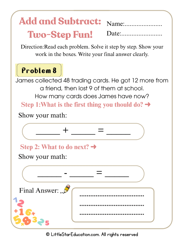 Two-Step Addition and Subtraction Word Problems for Elementary Math
