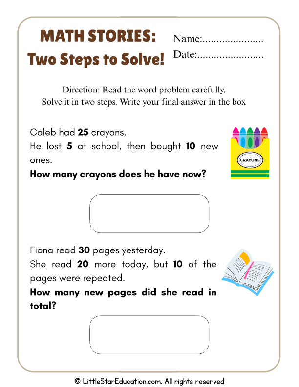 Two-Step Word Problems for Grade 1-2 Math Reasoning Skills