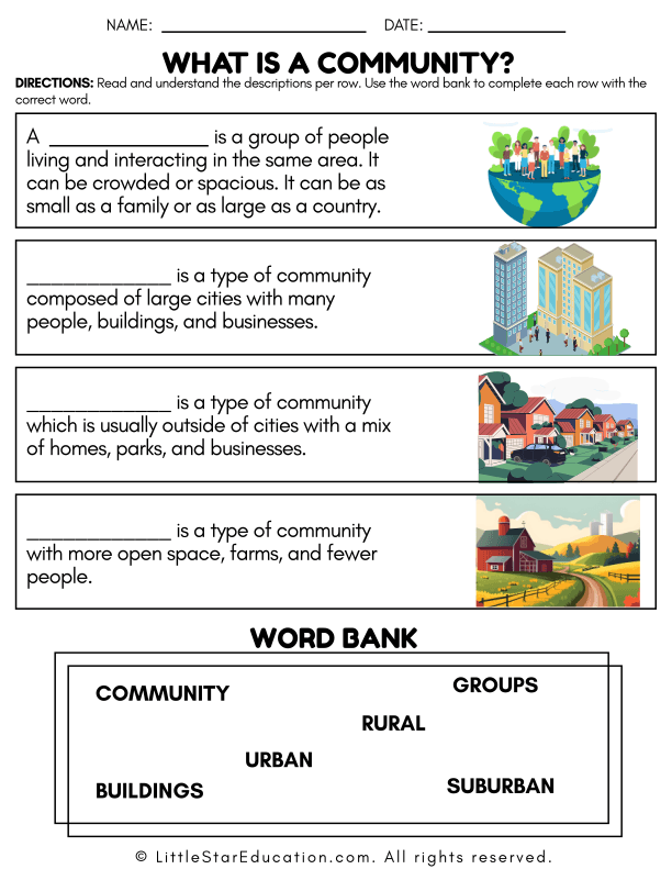 Communities Worksheet Types of Communities: Urban, Rural, and Suburban Social Studies for Kids